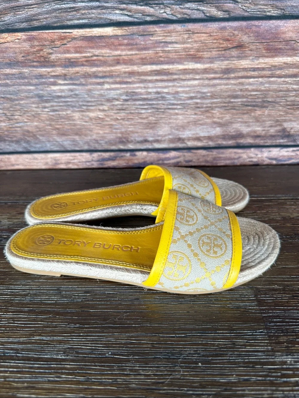 Tory Burch Yellow and Natural T monogram Espadrille Slide Mules
